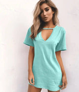 deep V short-sleeved T-shirt loose casual dress-Lightgreen-29