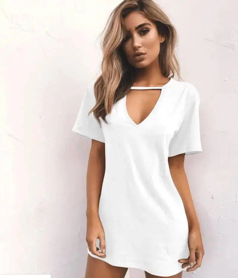 deep V short-sleeved T-shirt loose casual dress-white-55