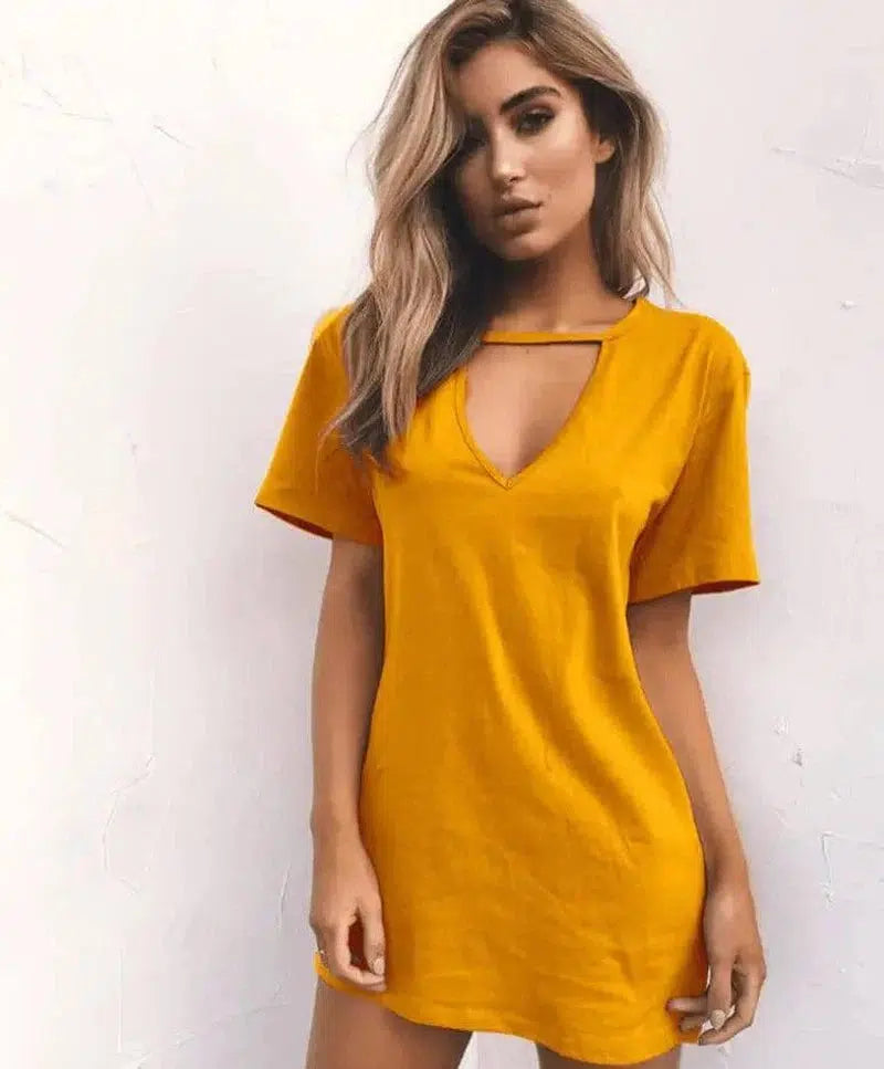 deep V short-sleeved T-shirt loose casual dress-yellow-58