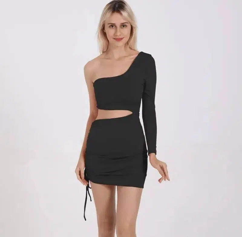 One Shoulder Cutout Long Sleeve Hip Dress-black-24