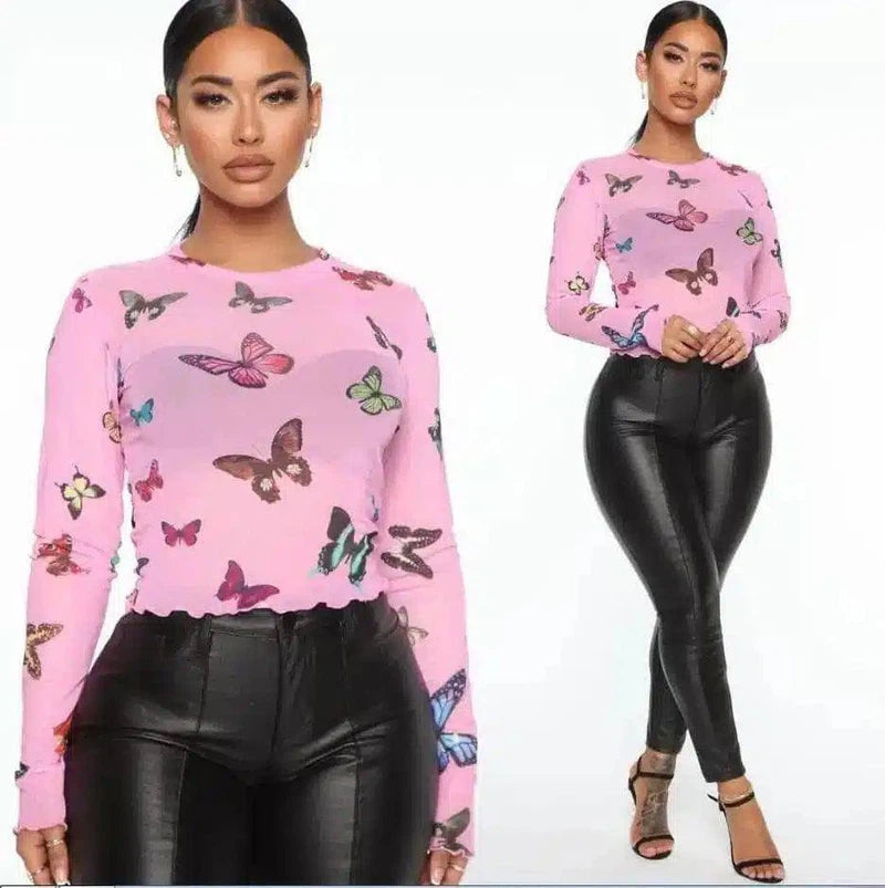 LOVEMI - Lovemi - Sexy Perspective Printed Butterfly Long Sleeve