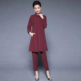 Women's Elegant Textured Pant Suit Set-Red-4