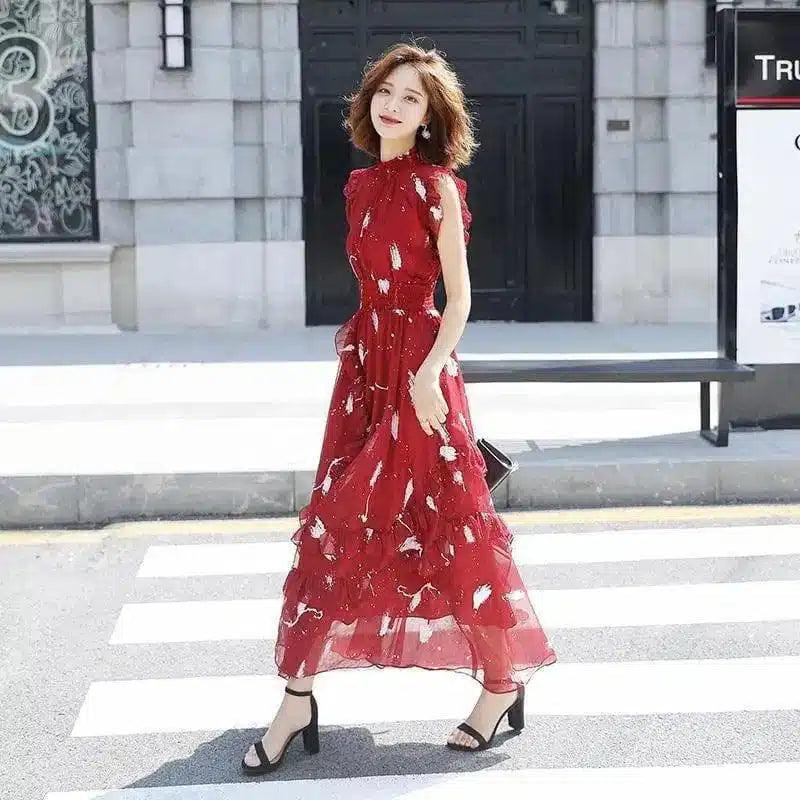 Sleeve Summer Short Sleeve Mid-long Dresses Fashion Lace-Red-3