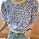 Floral Short-Sleeve Knit Sweater-Light Blue-1