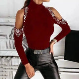 Women's Cutout Sleeve Turtleneck Top-Red-3