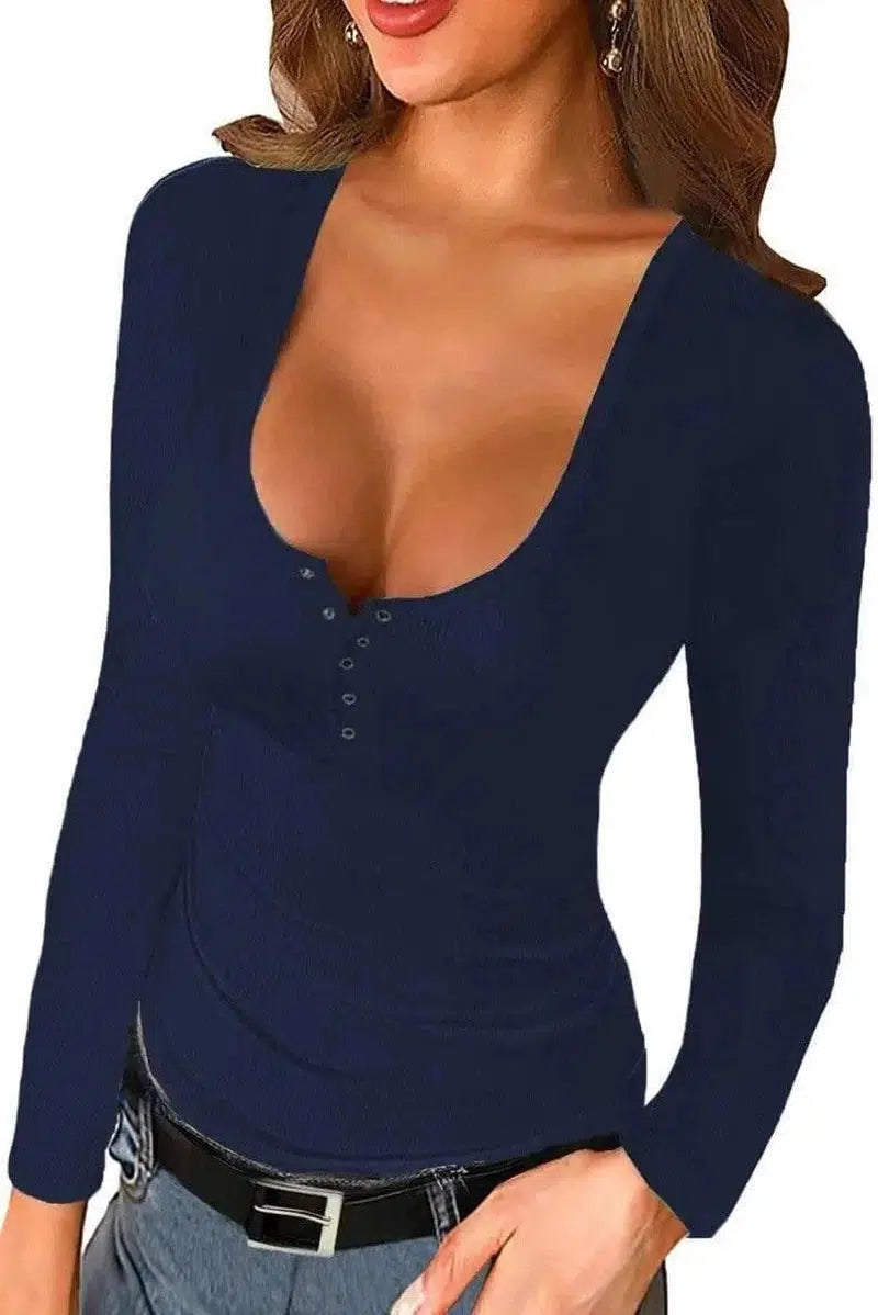 Solid Color U-Neck Threaded Long-Sleeved Blouse-navy blue-5