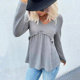 Solid Color V-Neck Ruffled Ribbed Knit Bottoming Shirt-light grey-2