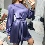 Spring Small Lantern Sleeve Dress Pure Color-Purple-3