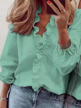 Ruffled V-Neck Women's Casual Blouse-Green-3