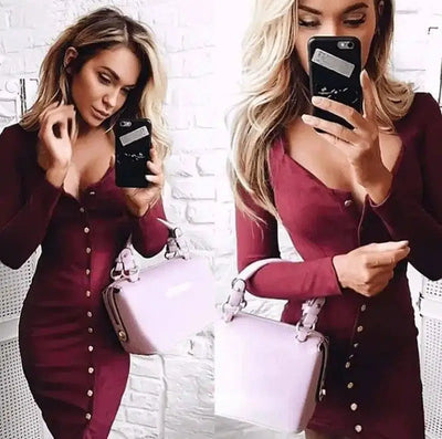 Spring Women Bodycon Slim Long Sleeve Party Cocktail Pencil-Winered-5