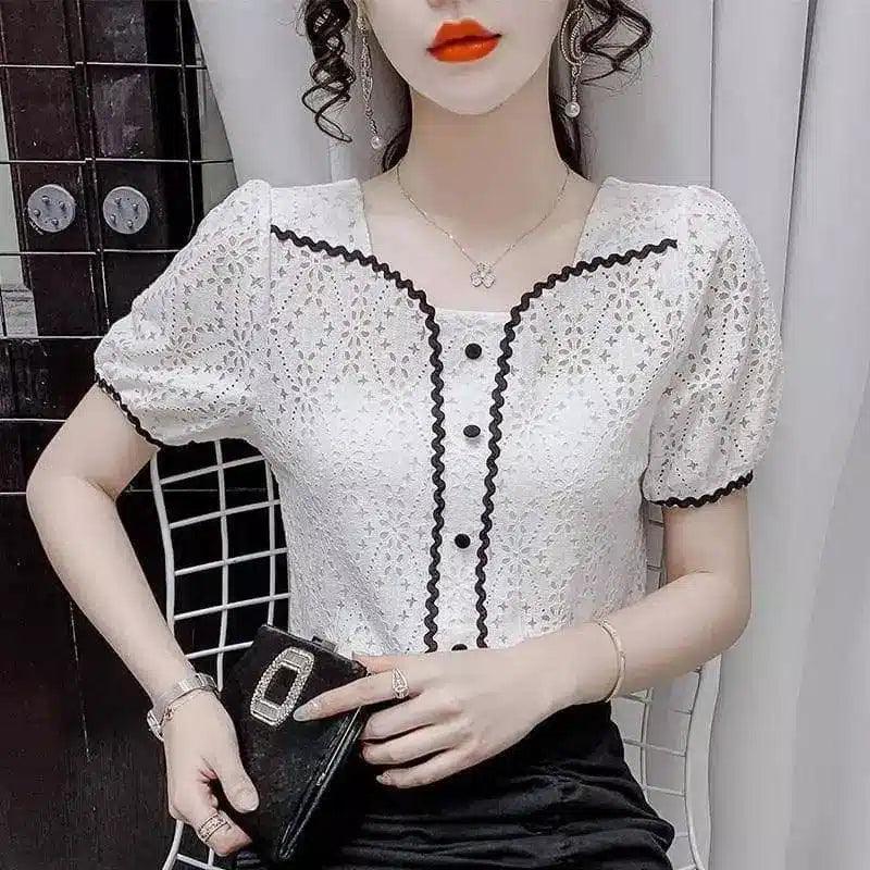 Lace Short-Sleeve Women's Blouse-White-1