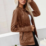 Stand-up Collar Zipper Long-sleeved Solid Color Women's-Brown-3