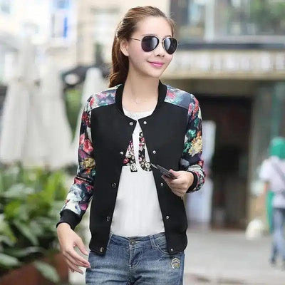 Floral Print Women's Casual Jacket-black-2