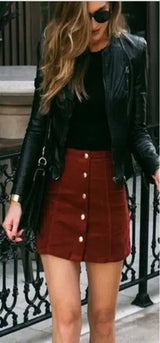 LOVEMI - Lovemi - Suede Button-Front Skirt in Brown and Claret