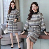 Womens Plaid Sweater Dress with Belt-Brown-3