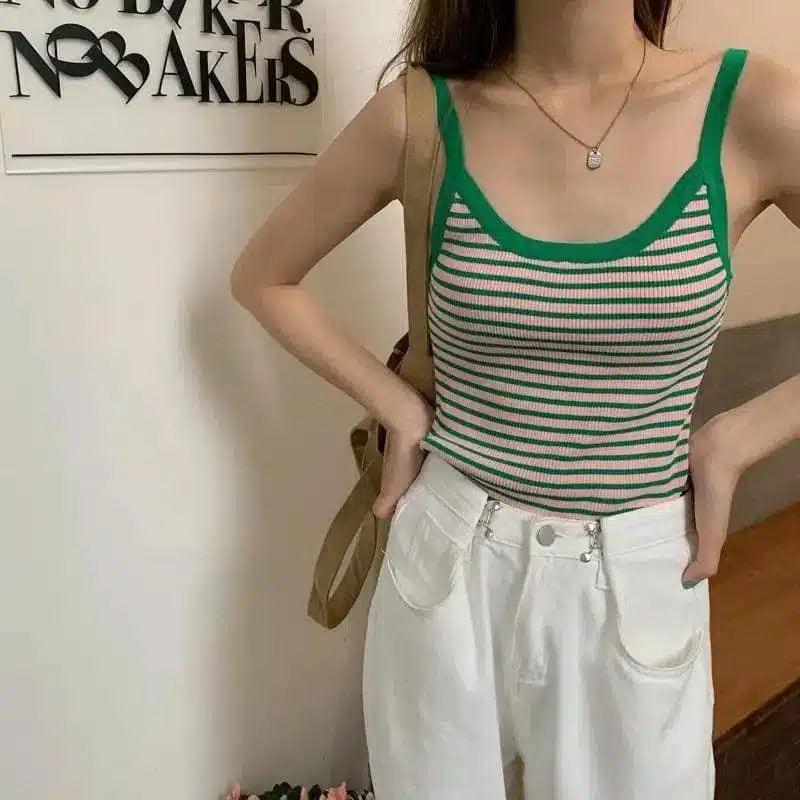 Sleeveless Striped Tank Top for Casual Wear-Green-3