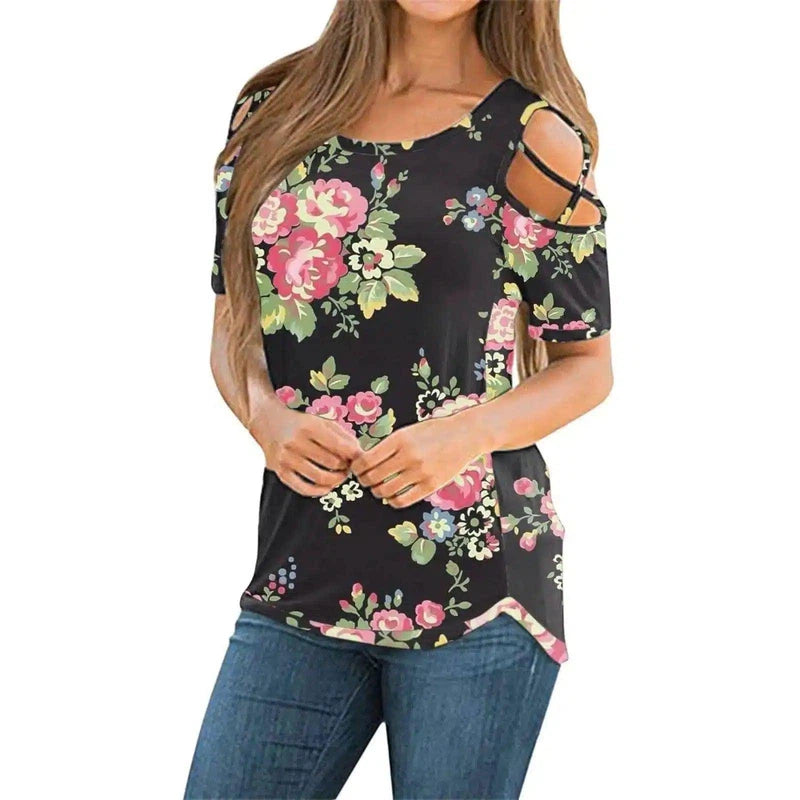 Cold Shoulder Floral Women's Casual Top-Photo Color-3