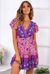 Summer V-neck bohemian print dress skirt women-Fuchsia-44