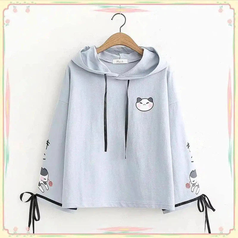 Hooded Cat-Print Casual Pullover Sweatshirt-Blue-3