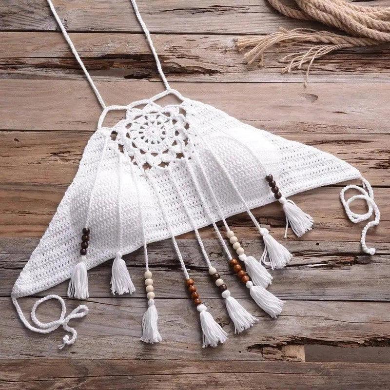 Handmade Macrame Tassel Necklace-White-11