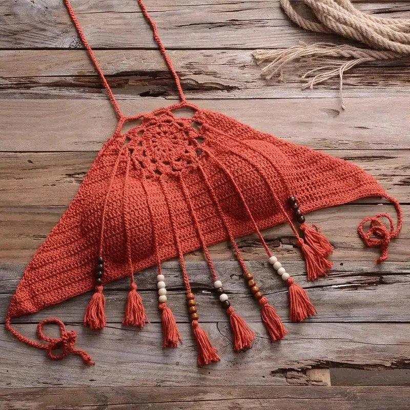 Handmade Macrame Tassel Necklace-Orange Red-3