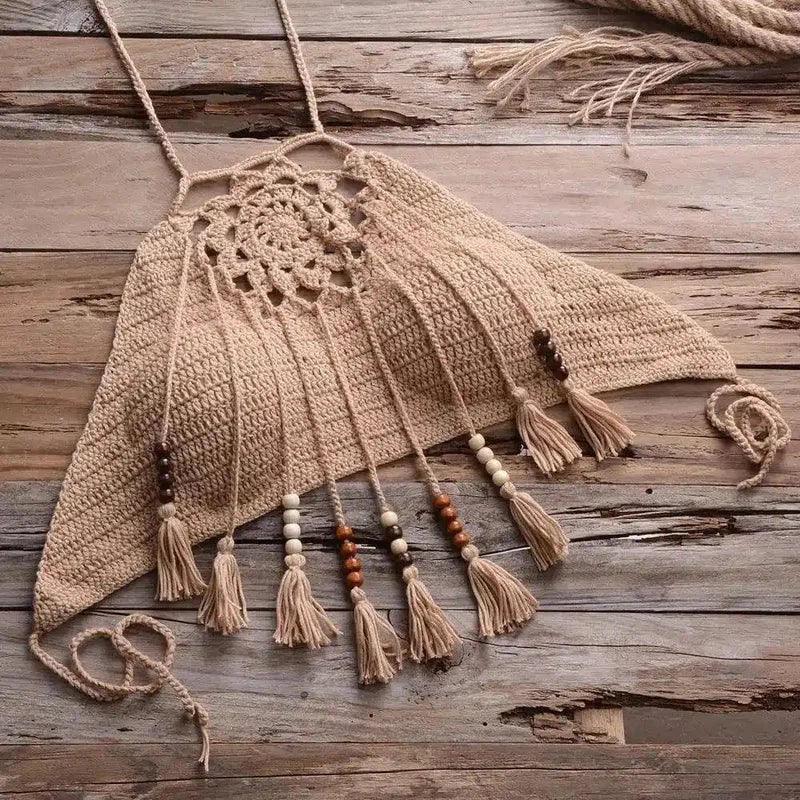 Handmade Macrame Tassel Necklace-Khaki-9