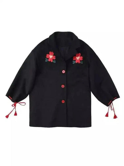 Teenage retro loose embroidered black woolen coat-Black-2