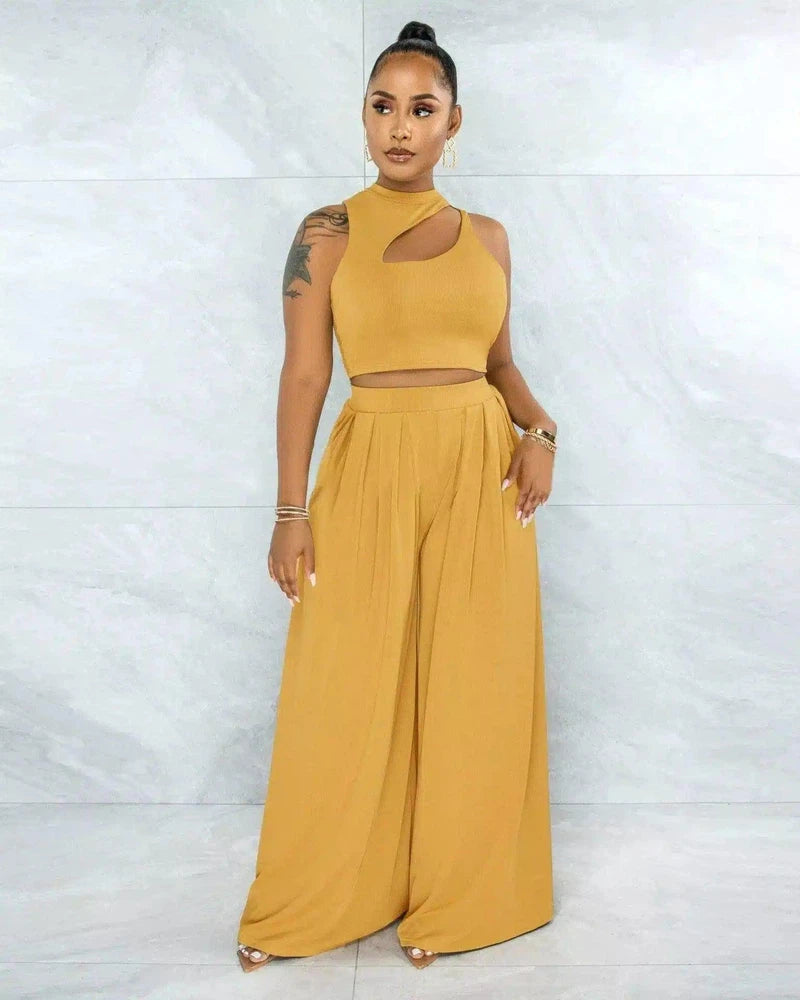 Women's One-Shoulder Jumpsuit with Wide-Leg Pants-Yellow-5