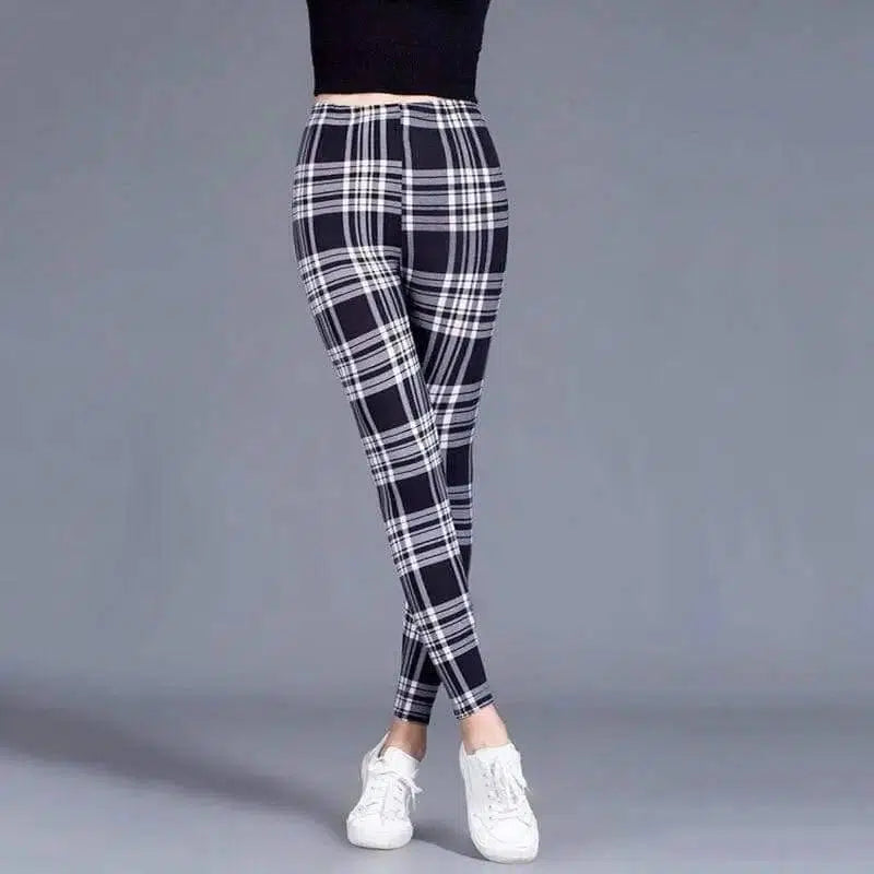 Thin cropped cotton leggings-Black plaid-14