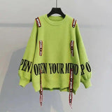 Slogan Crew Neck Oversized Knit Sweater-Green-2