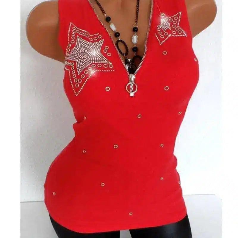 Women's Sleeveless V-Neck Tank Top with Rhinestones-Red-4