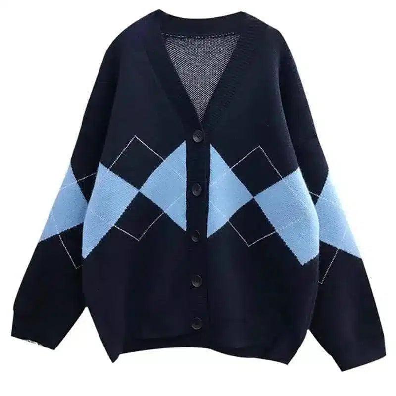 Oversized Argyle Knit Cardigan with Buttons-1