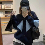 Oversized Argyle Knit Cardigan with Buttons-Navy Blue-2