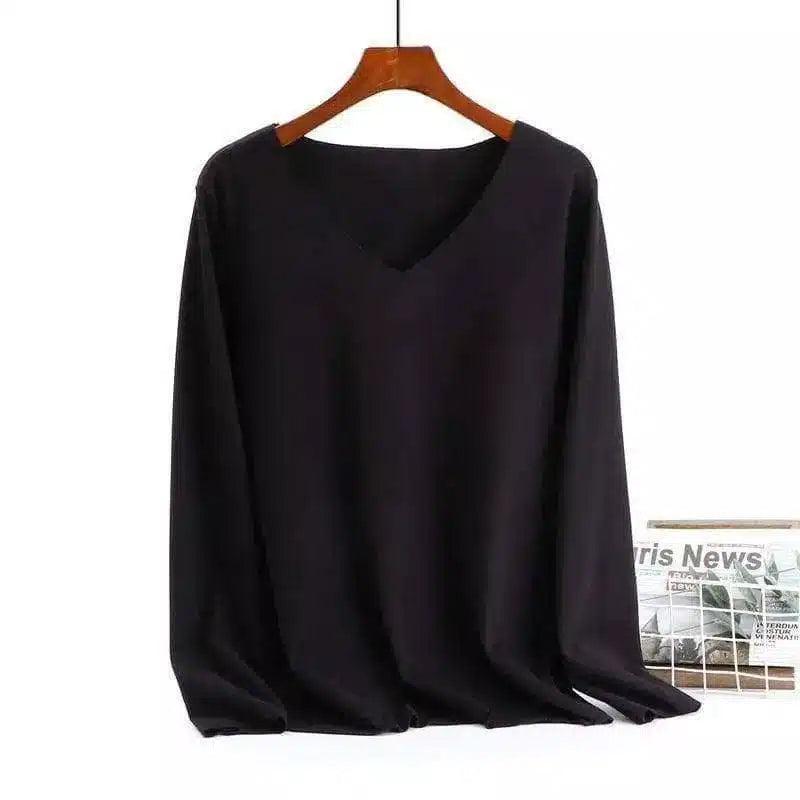 Women's V-Neck Long Sleeve Blouse-Black-2