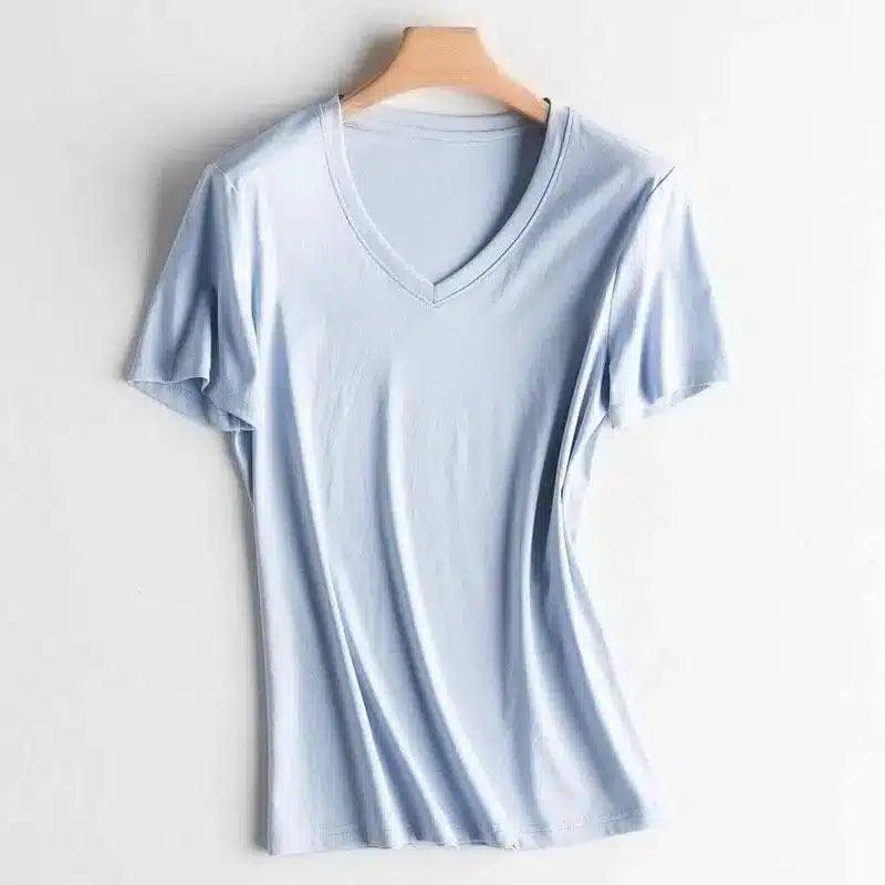 V-neck mercerized cotton T-shirt-Blue-10