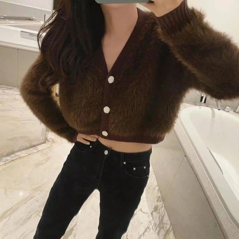 Cozy Fleece V Neck Cropped Cardigan-Brown-4