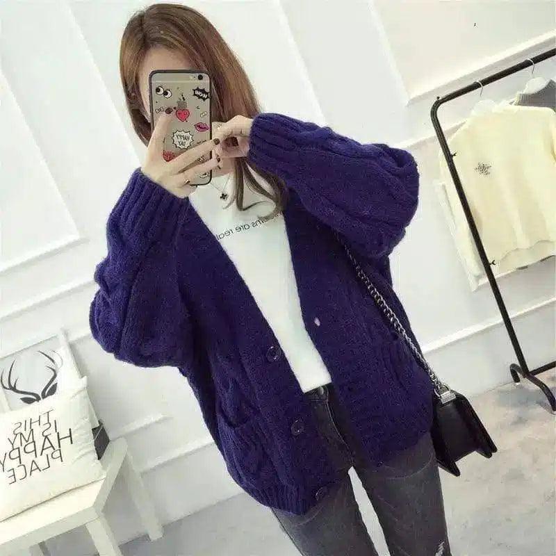 Cozy Knit Button-Up Cardigan-Blue-1