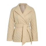 Quilted Belted Women's Jacket for Warmth-Khaki-1