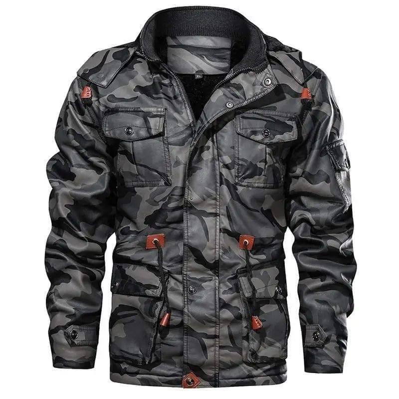 Winter Men Leather Jacket Thick Military Hooded Men Coats-Gray-1