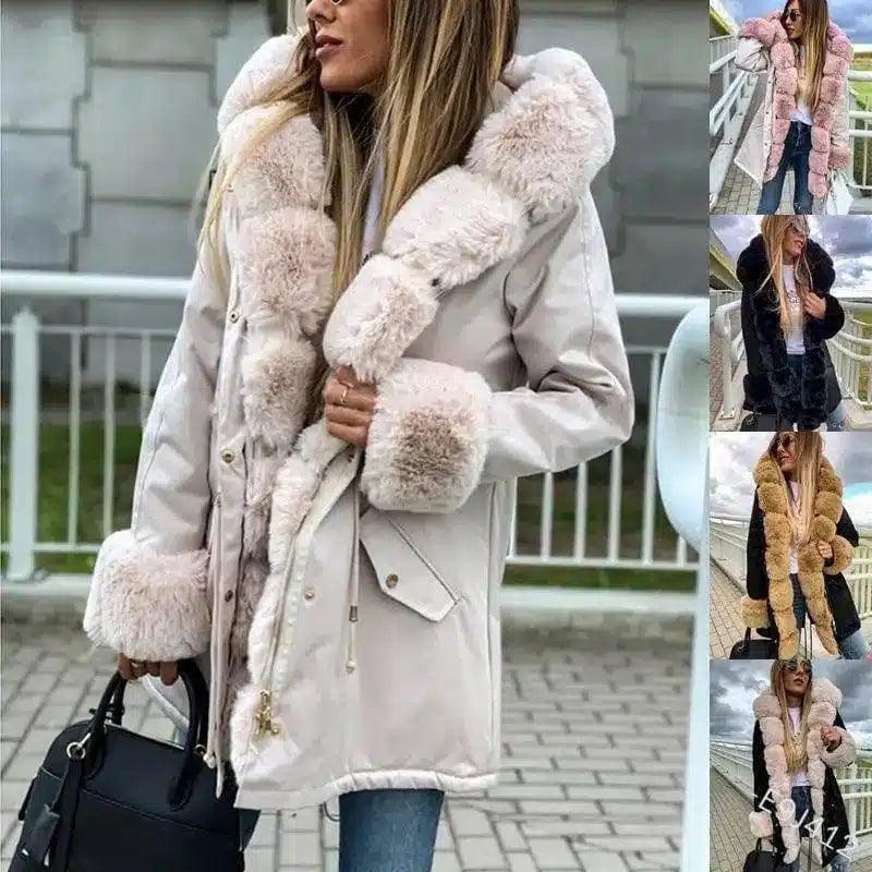 Winter mid-length pie overcoming thick fur collar furry coat-1