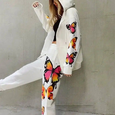 Women Long-Sleeved Hooded Zipper Casual Sweater Suit-White-2