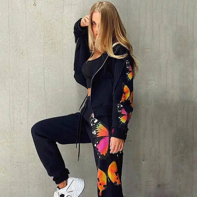 Women Long-Sleeved Hooded Zipper Casual Sweater Suit-Black-4