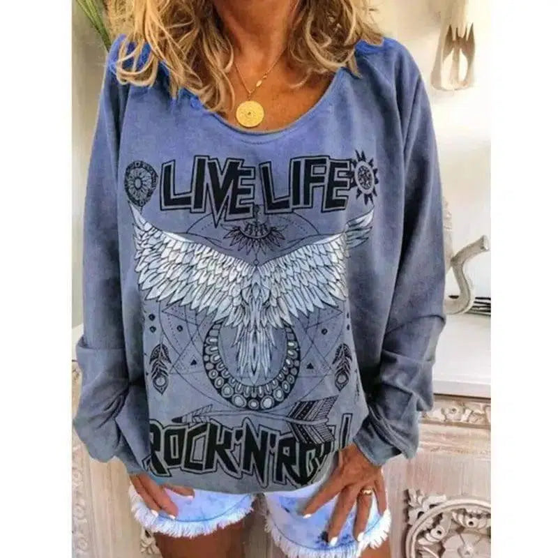 Women Loose Round Neck Printed Sweater-Blue-3