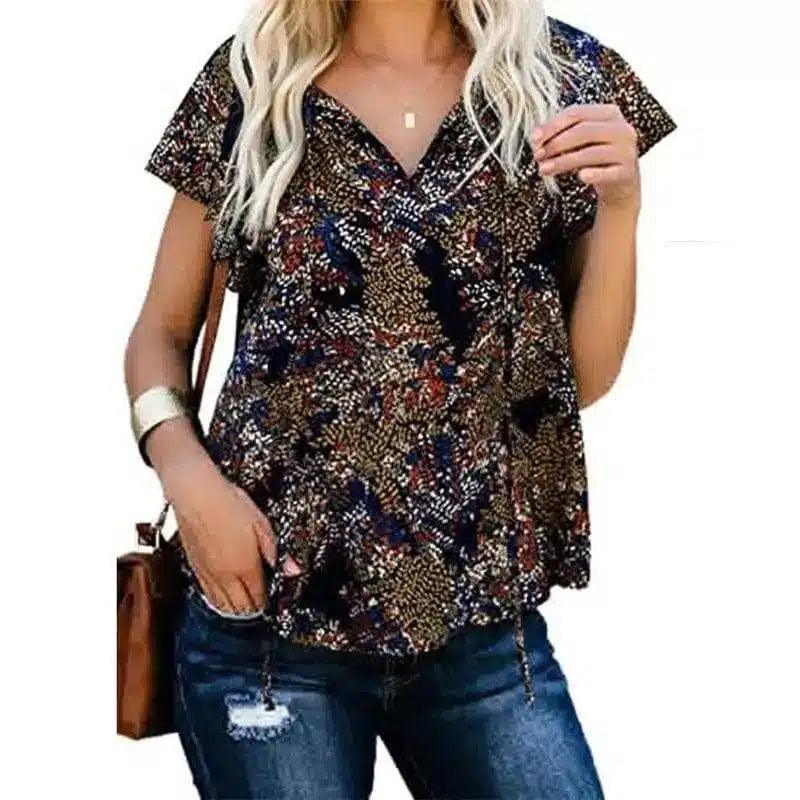 LOVEMI - Lovemi - Women's Casual Short-sleeved Loose Print V-neck