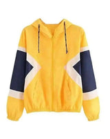 Women's Color Block Elastic Band Waist Hooded Jacket-Yellow-2