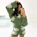 Women's Floral Sweater & Shorts Set-Green-5