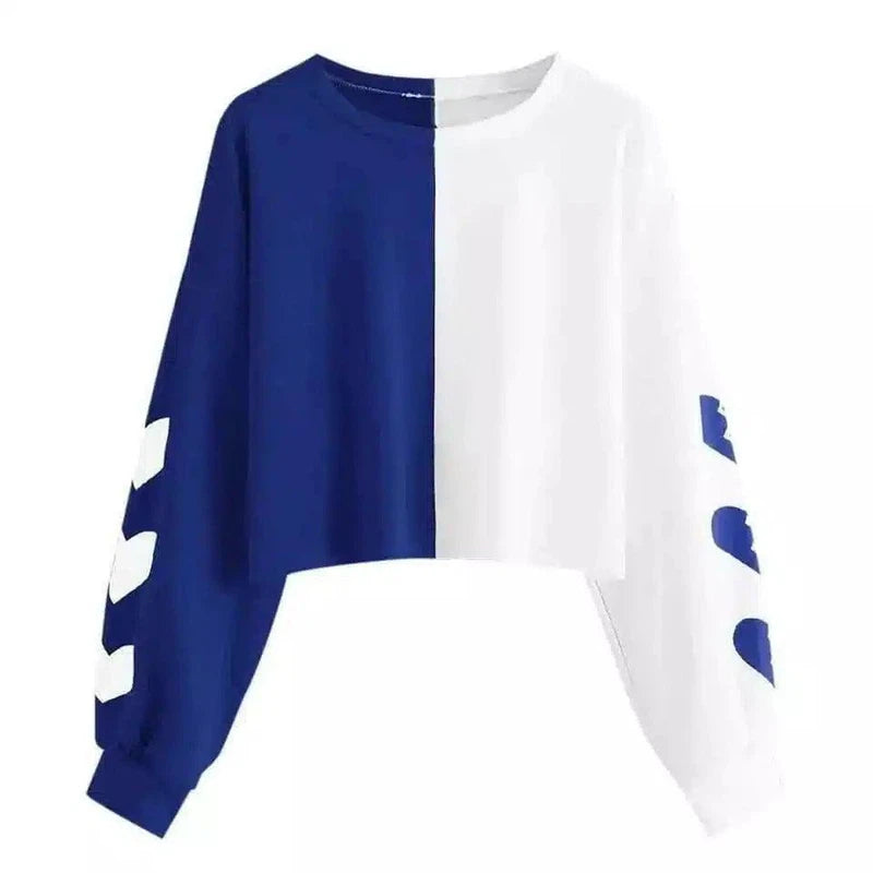 Heart Print Cropped Sweatshirt for Women-Blue-2