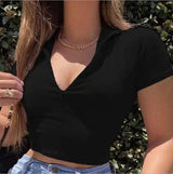 Women's Zippered V-Neck Crop Top-Black-2