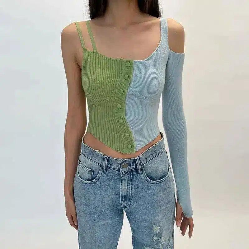 Women's Two-Tone Knit Crop Top with Buttons-1