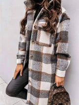 Plaid Wool Blend Long Coat for Women-Grey-3